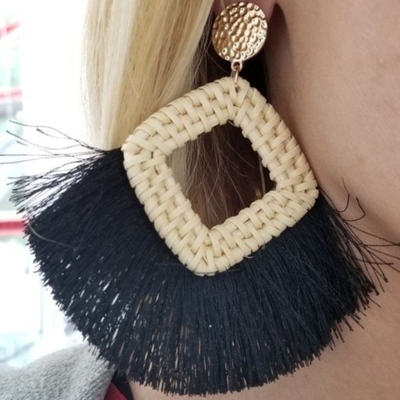 BOHO DOLLZ Wicker & Fan Tassel Earrings - Picture 1 of 4